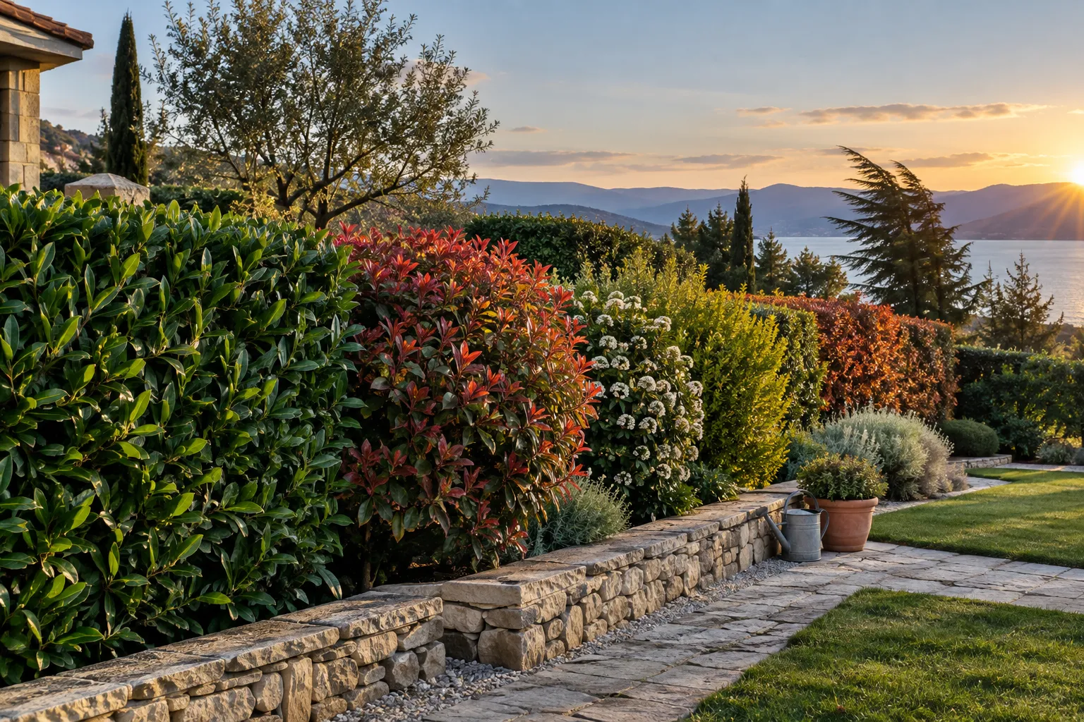 Setos de distintas alturas y colores junto a un camino de piedra en un jardín al atardecer