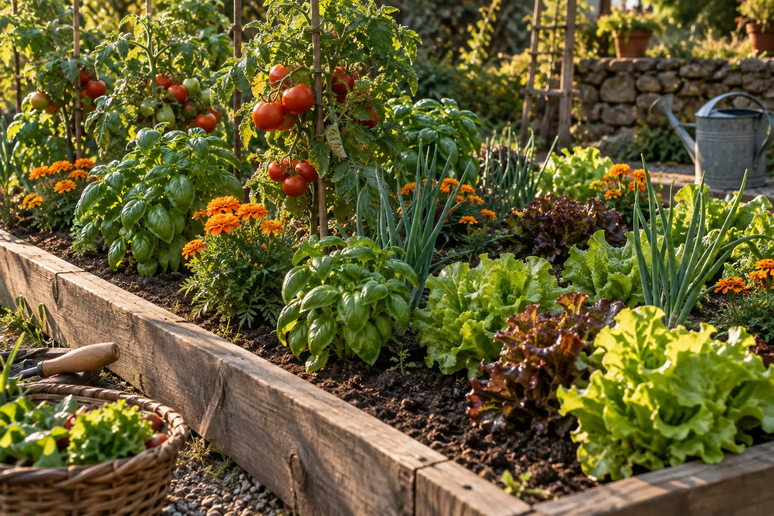 Tomates, lechugas, hierbas y flores creciendo juntos en un bancal.
