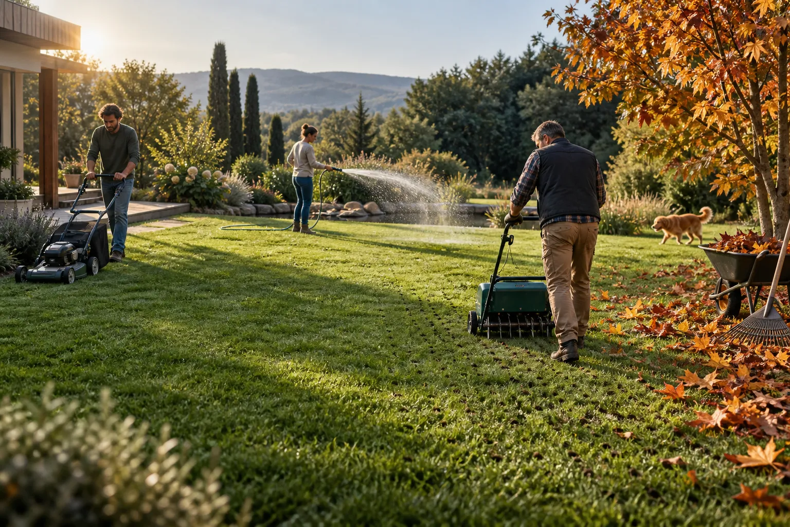 Personas realizando distintas tareas de mantenimiento en un jardín con césped.