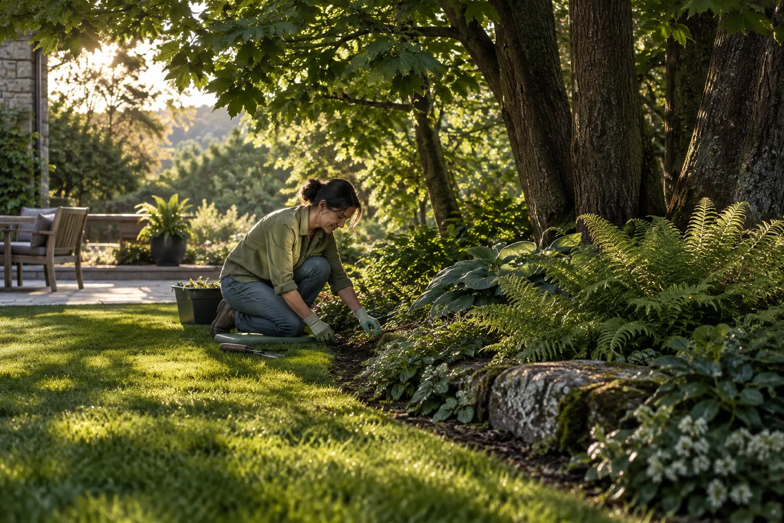 Persona cuidando una zona de césped bajo la sombra de un árbol.