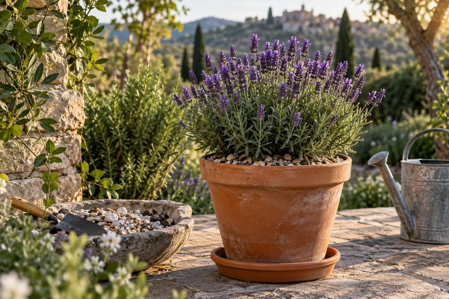 Lavanda en flor cultivada en una maceta de barro sobre una terraza soleada
