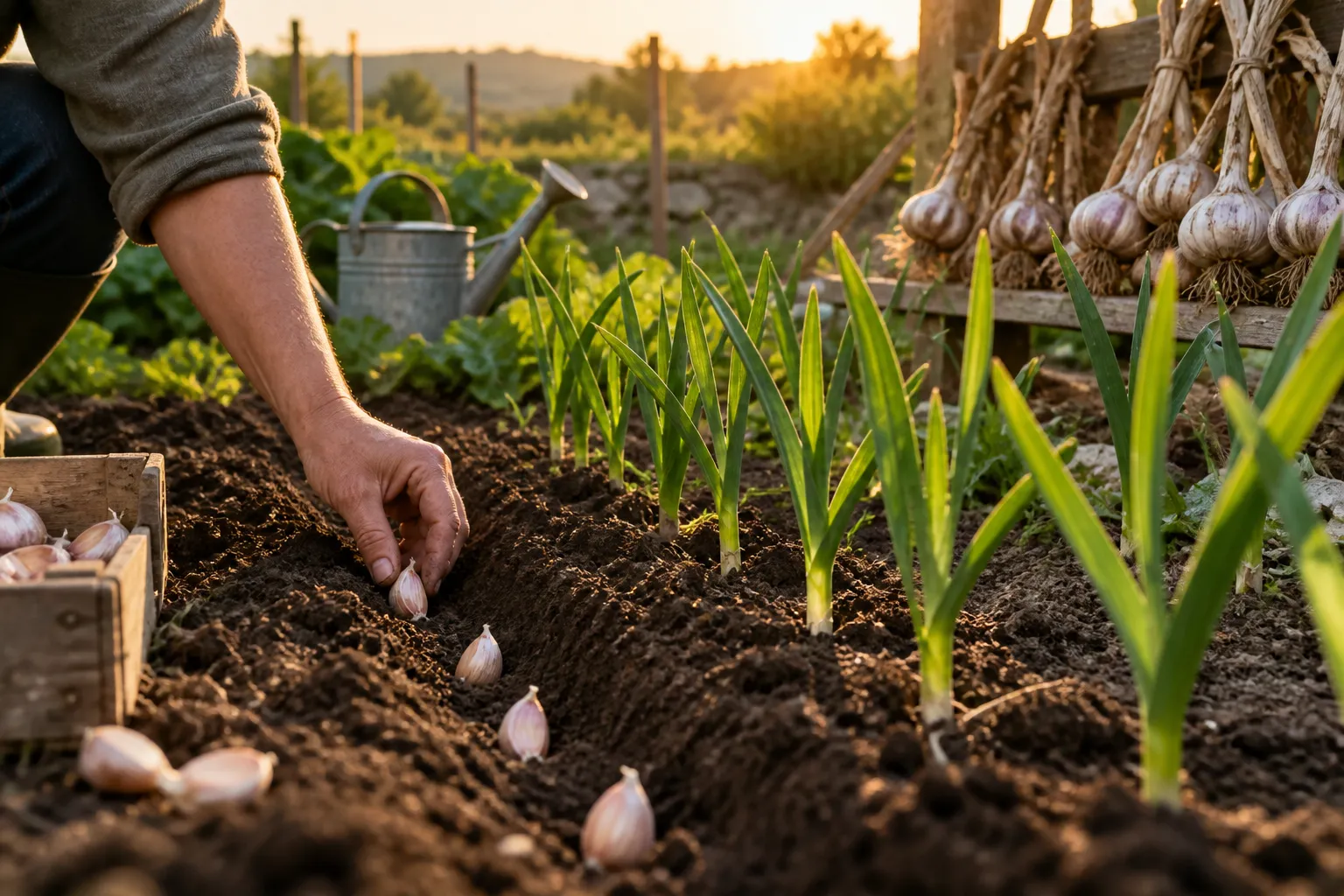 Mano plantando dientes de ajo entre brotes en un bancal.
