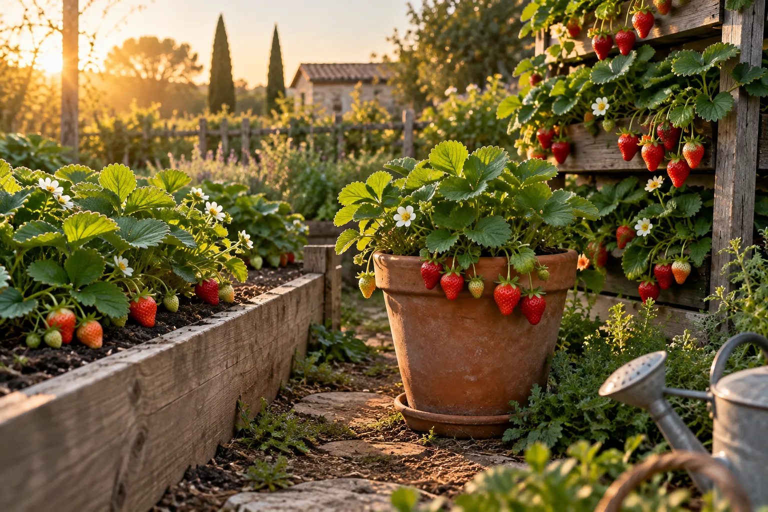 Fresas maduras creciendo en una maceta y en bancales.