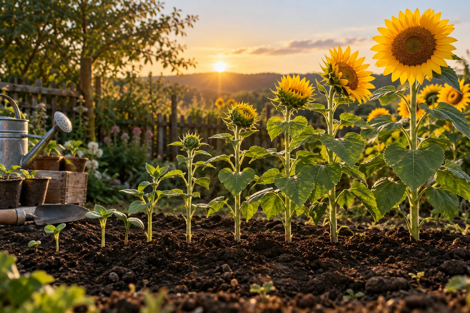 Hilera de girasoles de distintas alturas en un huerto.