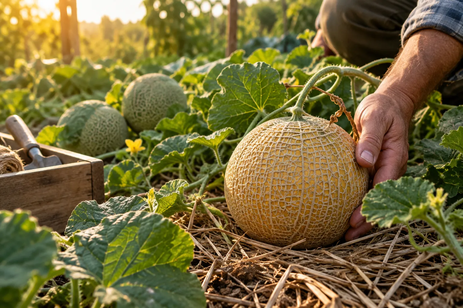 Mano sosteniendo un melón maduro en una planta del huerto.