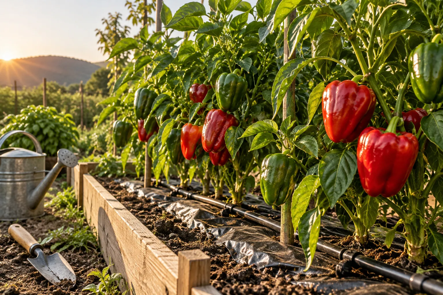 Plantas de pimiento con frutos verdes y rojos en un bancal.