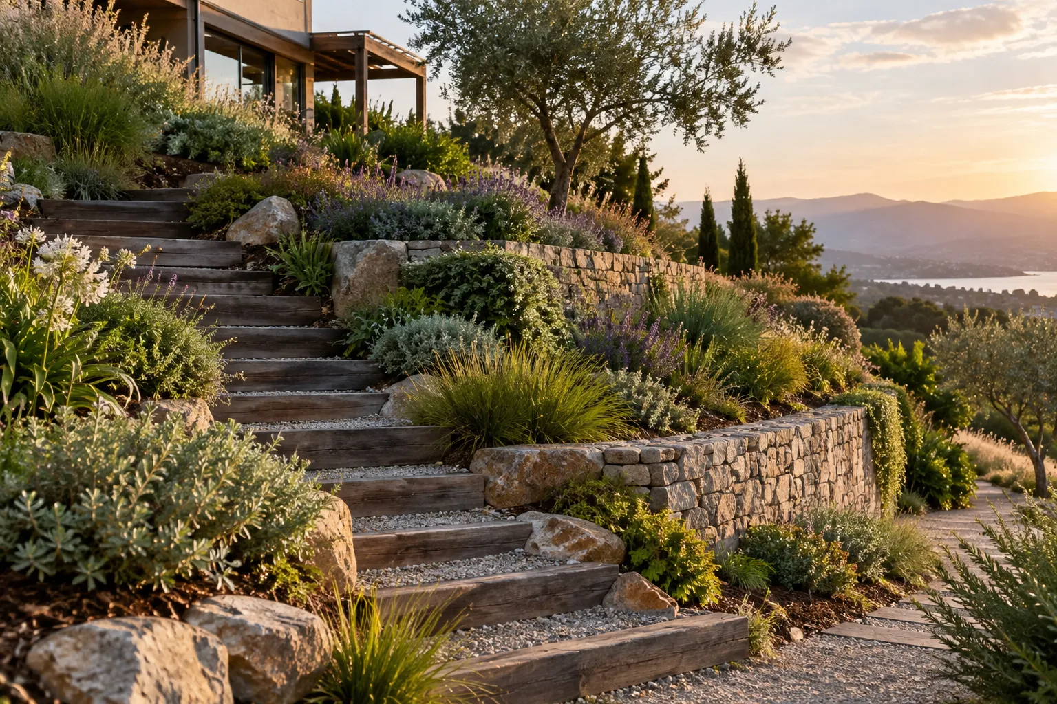 Jardín con pendiente organizado mediante senderos, plantación densa y pequeñas zonas niveladas