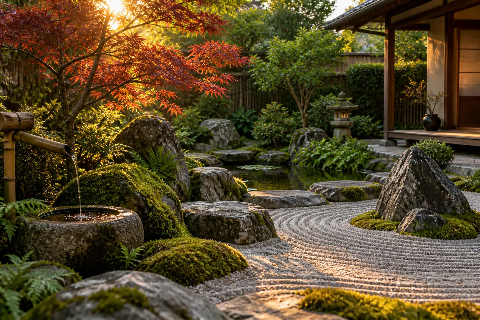 Jardín japonés pequeño compuesto con piedra, grava y vegetación contenida