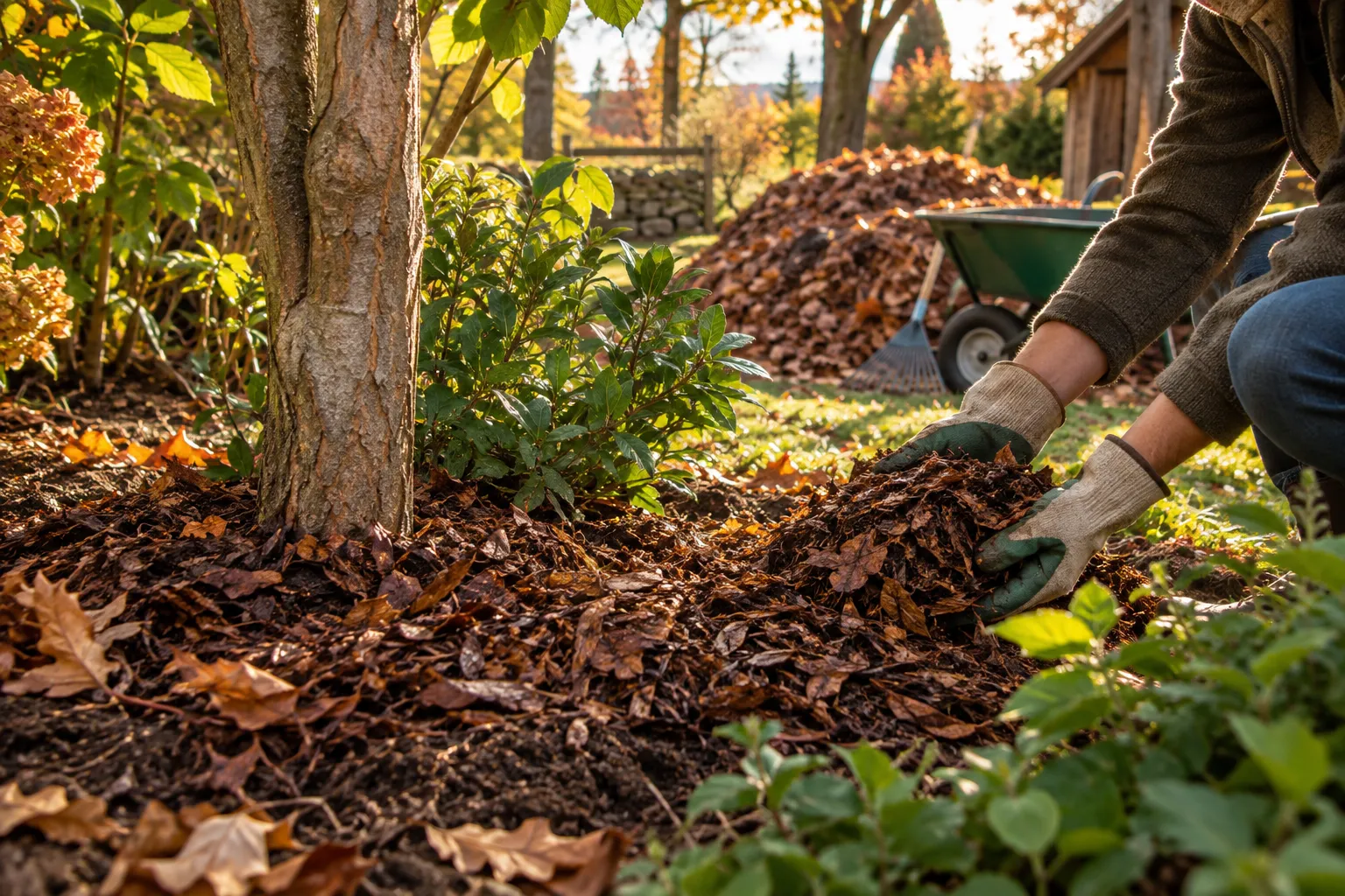 Manos extendiendo hojas trituradas como mantillo alrededor de un árbol.