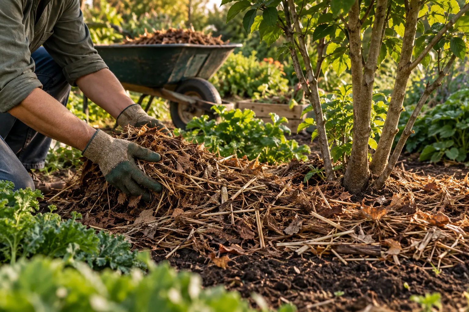 Acolchado orgánico extendido alrededor de plantas de jardín