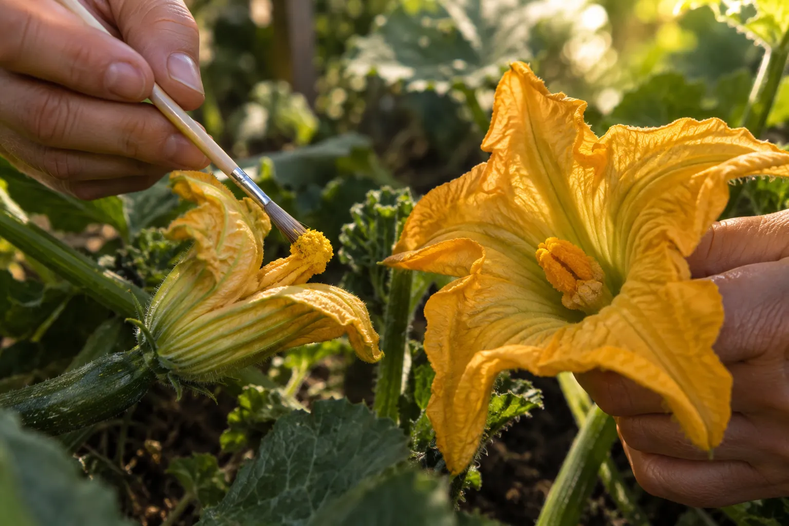 Manos que llevan polen con un pincel desde una flor macho a una flor hembra de calabacín