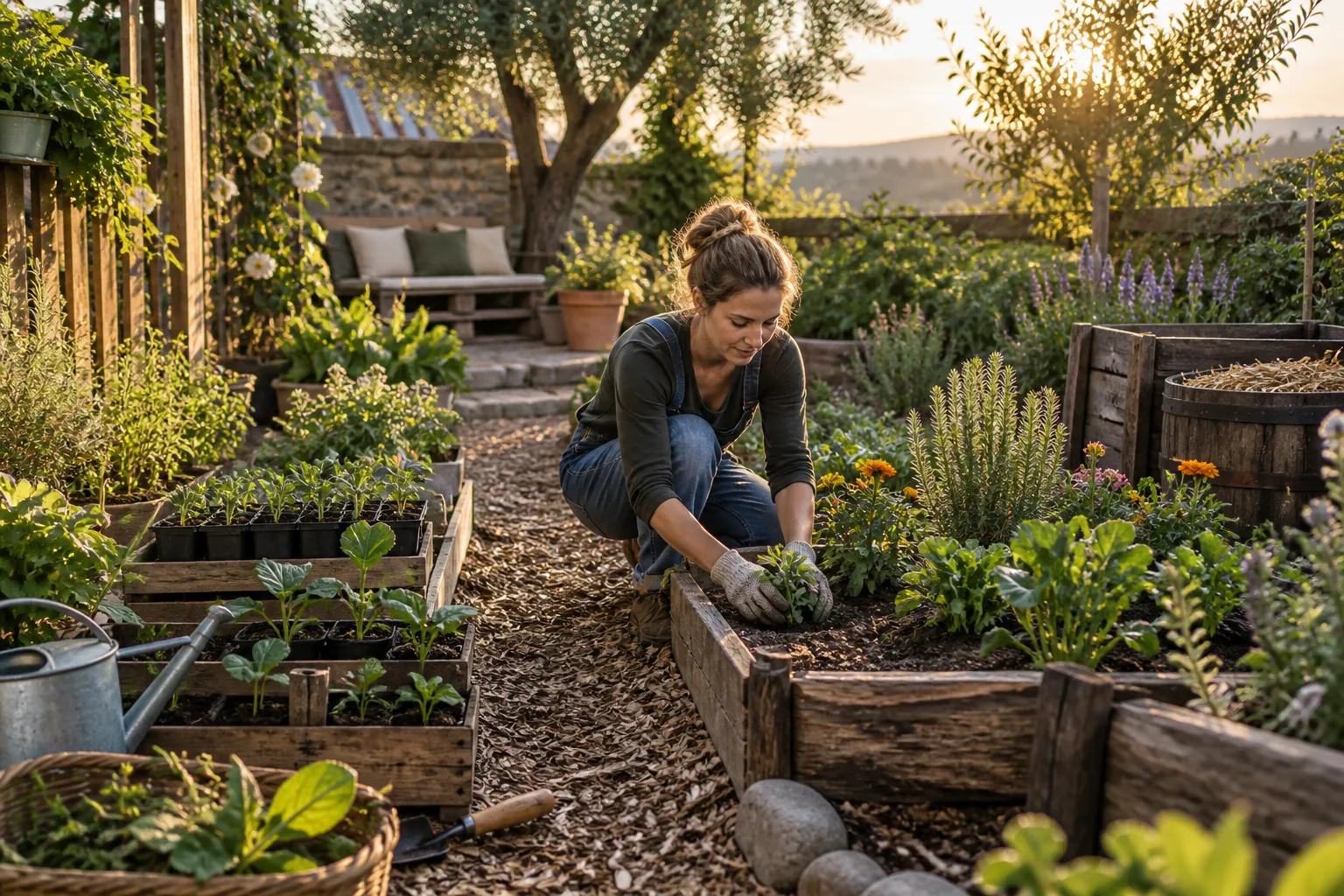 Jardín sencillo creado por fases con plantas jóvenes y materiales reutilizados