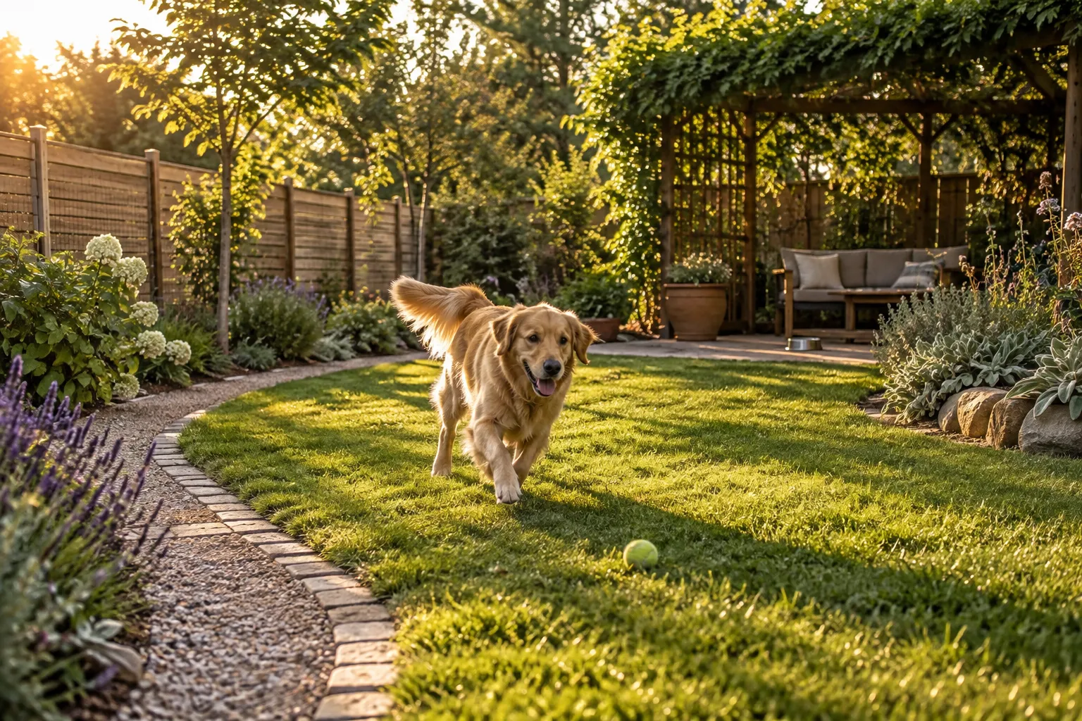 Perro descansando en un jardín seguro con césped, sendero despejado y plantas protegidas