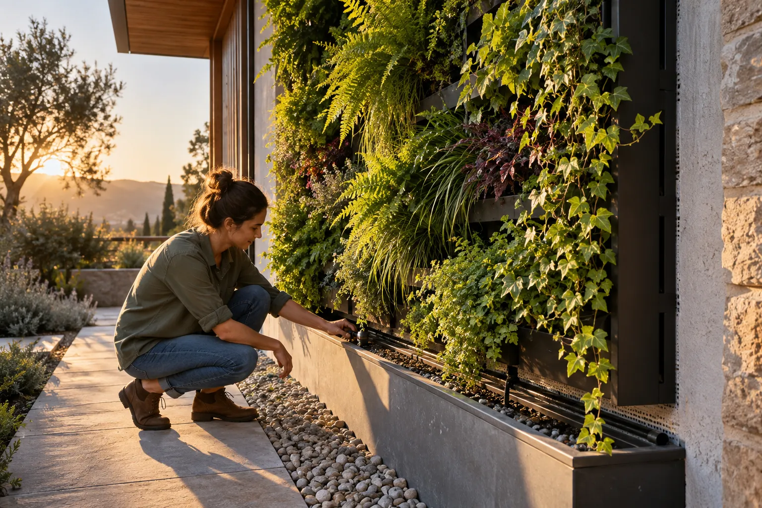 Jardín vertical modular separado de una pared exterior