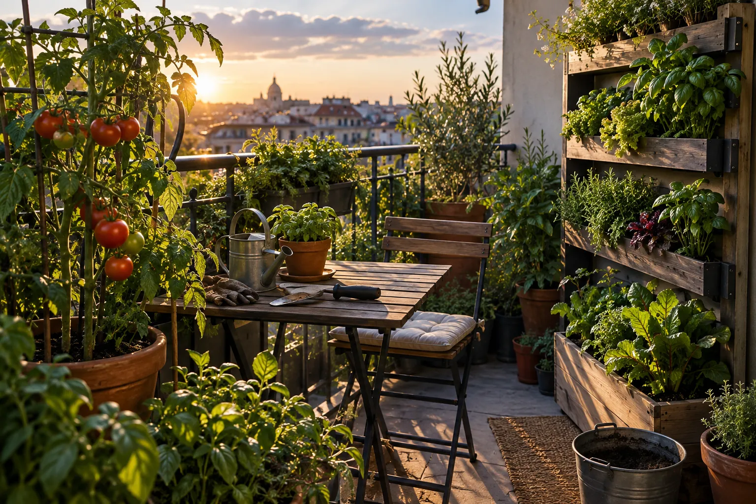 Huerto en macetas y bancales pequeños en una terraza.