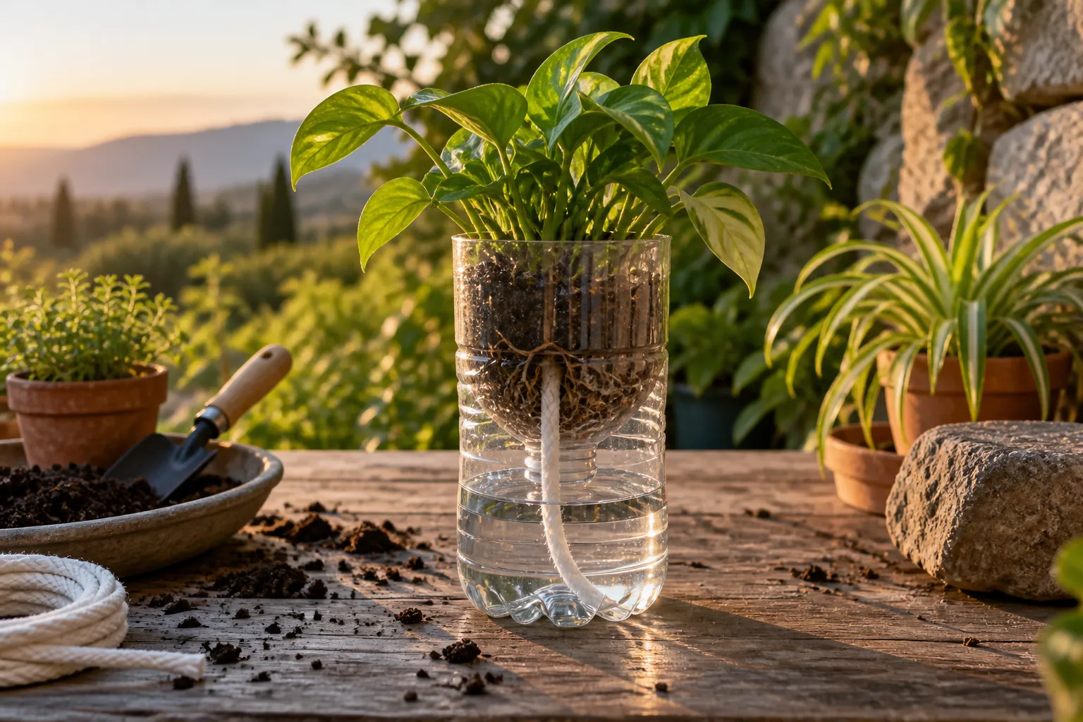 Planta de hojas verdes en la parte superior de una botella cortada, con una mecha que baja hasta el depósito de agua