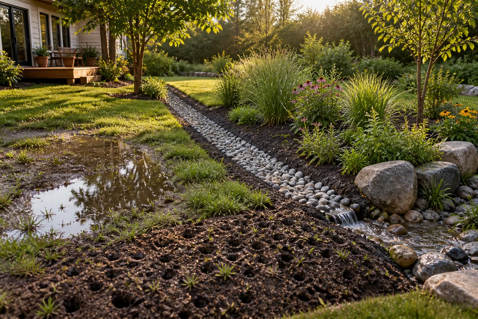 Zona encharcada de un jardín observada después de la lluvia para localizar el origen del agua