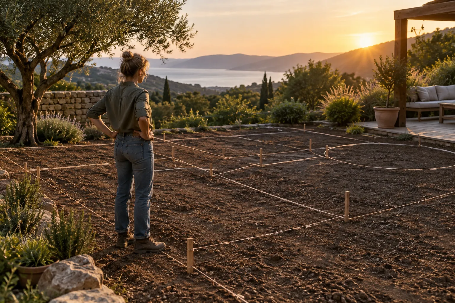 Plano de un jardín junto a herramientas de medición y el terreno que se va a organizar