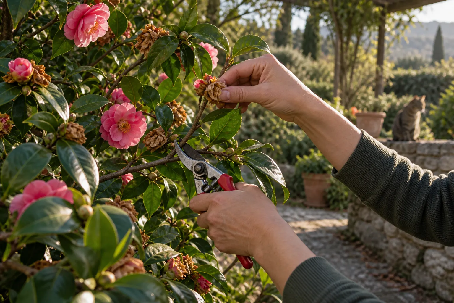 Manos retirando una flor marchita de una camelia rosa con tijeras de poda