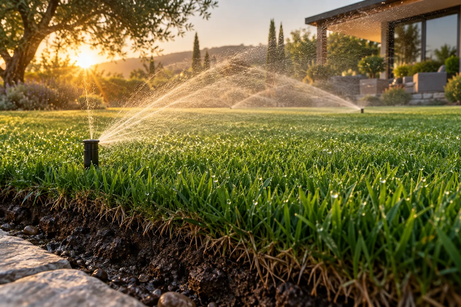 Aspersores repartiendo agua sobre un césped en un jardín al aire libre