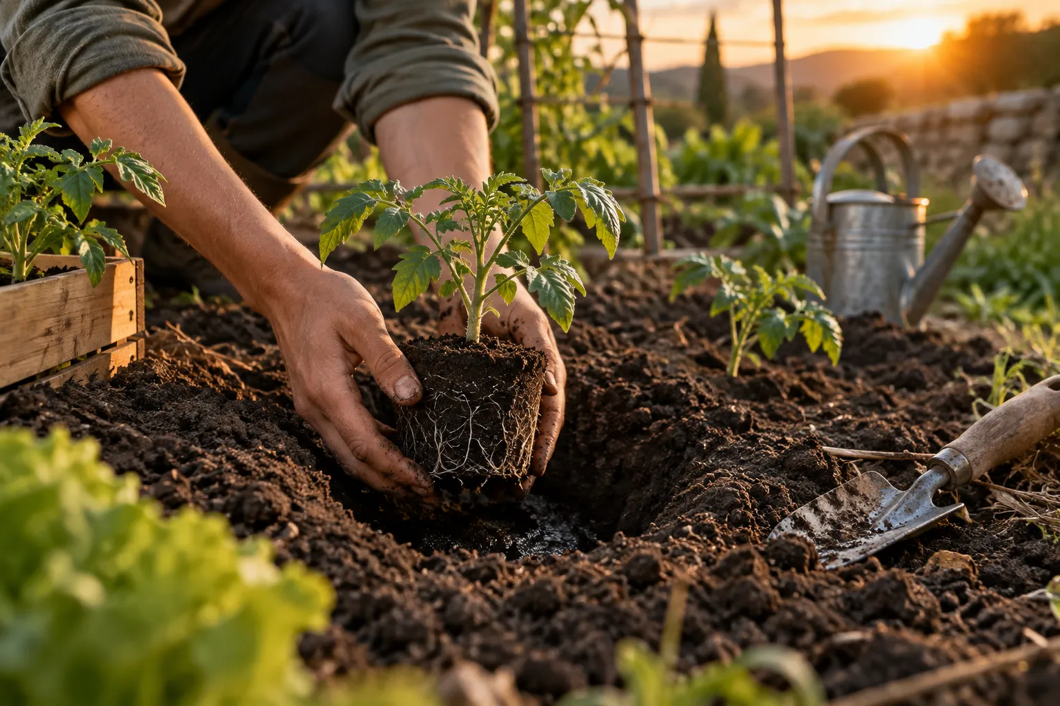 Manos colocando un plantón con cepellón en la tierra de un bancal.