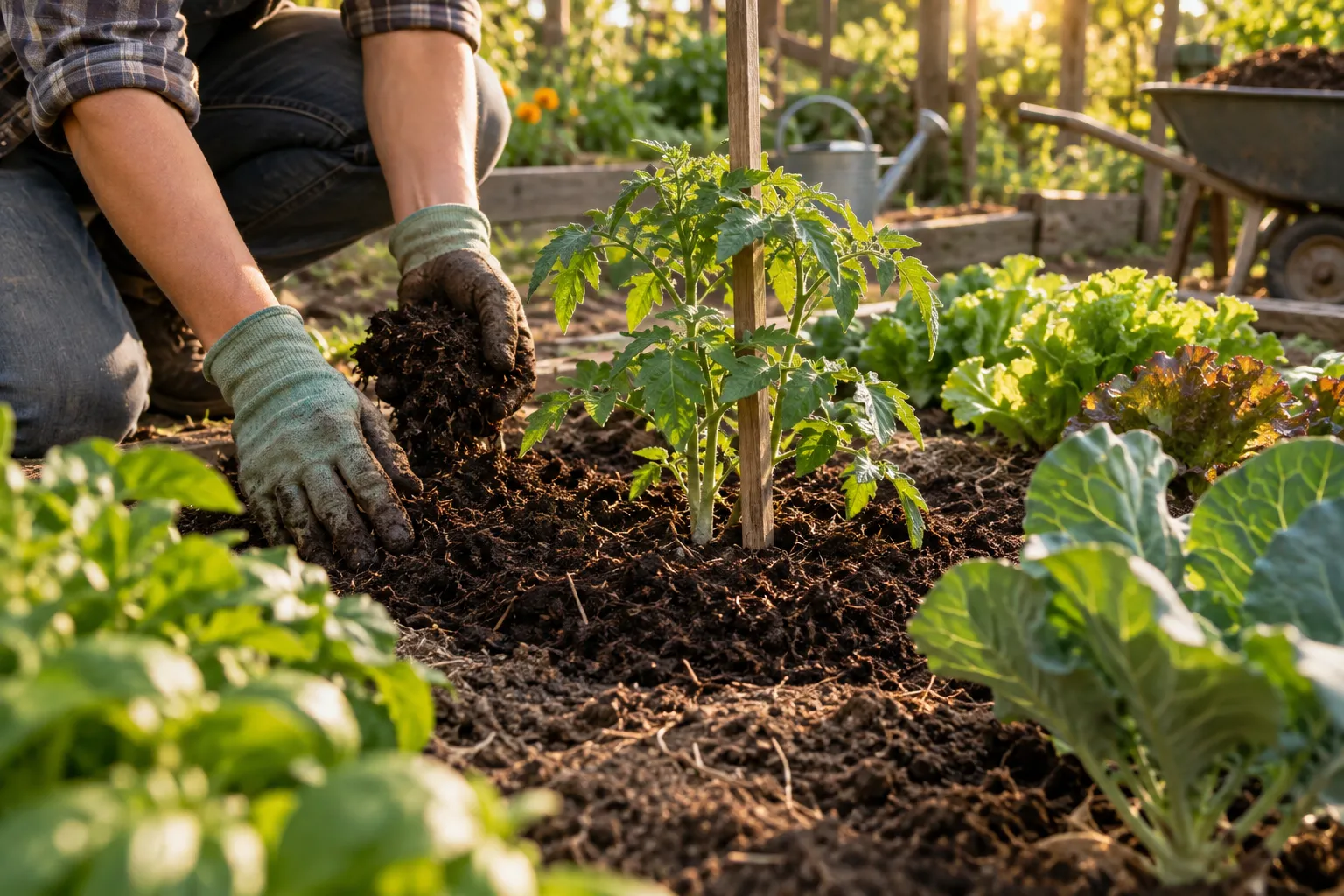 Persona colocando compost alrededor de una tomatera.