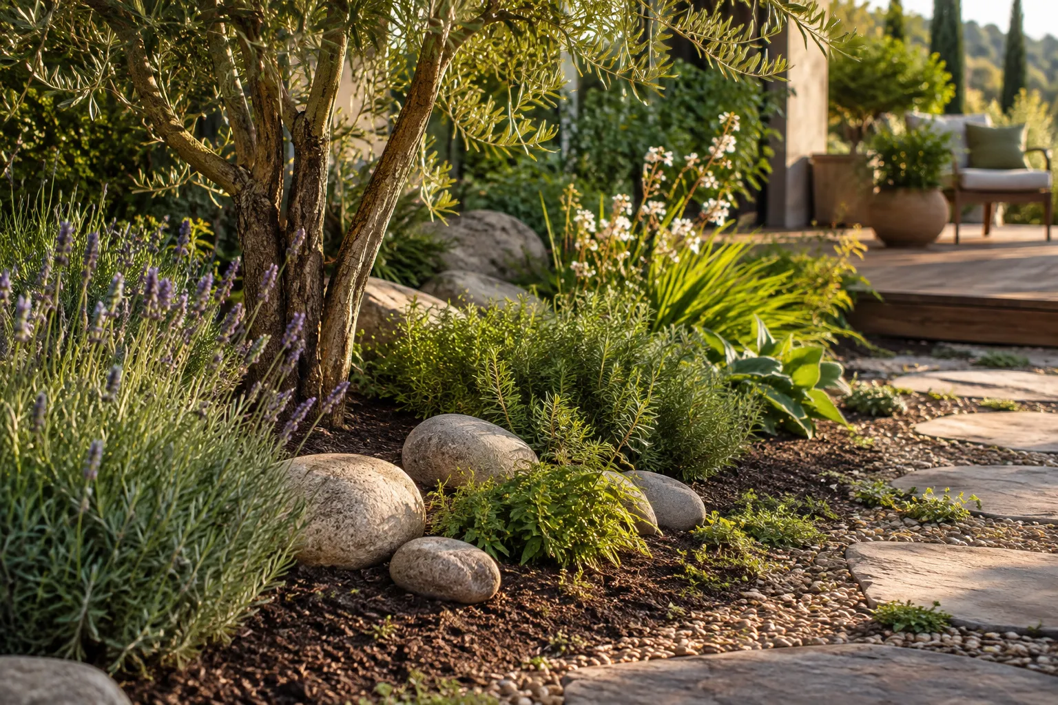 Camino de grava y piedras integrado entre plantas de jardín