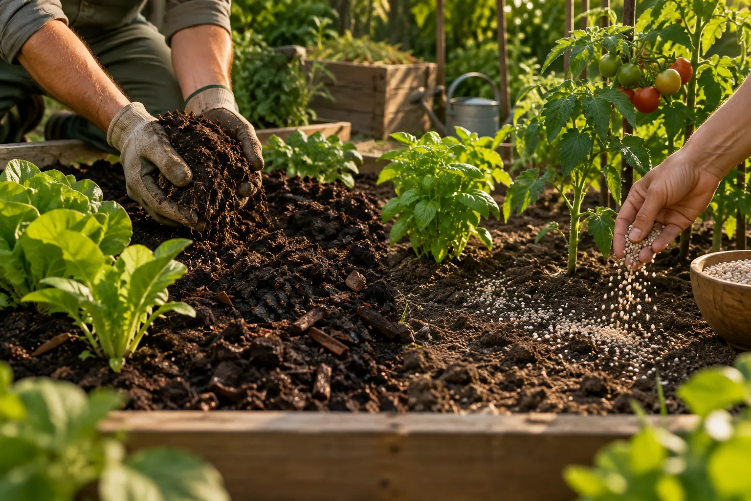 Compost y fertilizante preparados para comparar su uso en el jardín