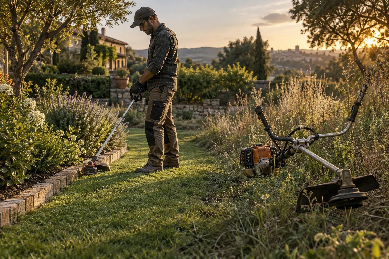 Persona utilizando una desbrozadora para recortar el borde de una pradera.