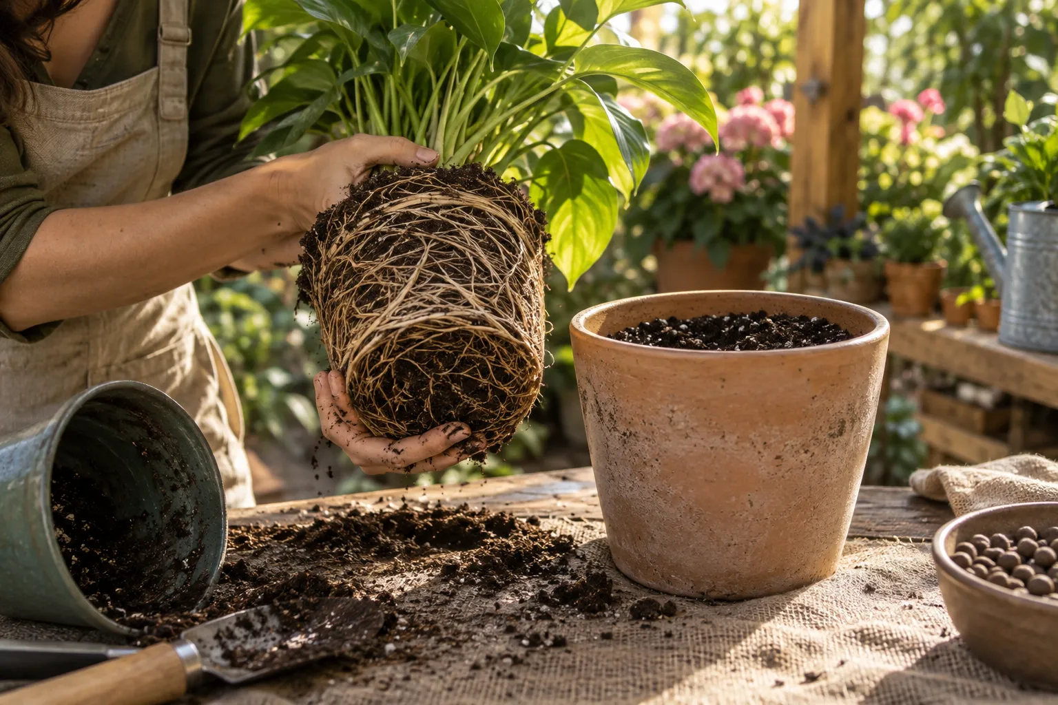 Persona sosteniendo el cepellón lleno de raíces de una planta junto a una maceta nueva