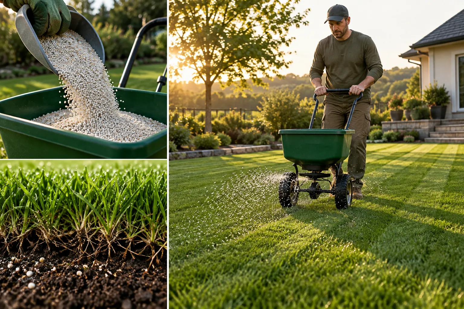 Persona llenando un esparcidor de granulado y abonando una pradera
