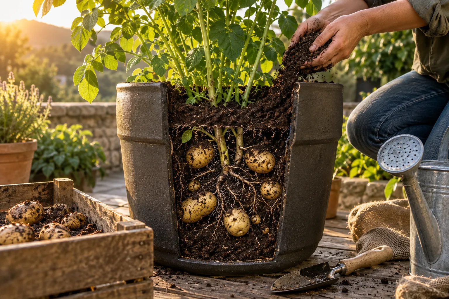 Patatas visibles en el interior de una bolsa de cultivo abierta.