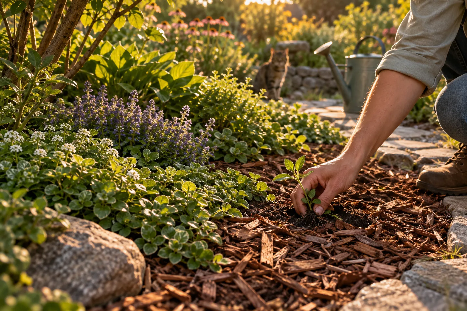 Manos retirando pequeñas malas hierbas entre plantas de un jardín acolchado