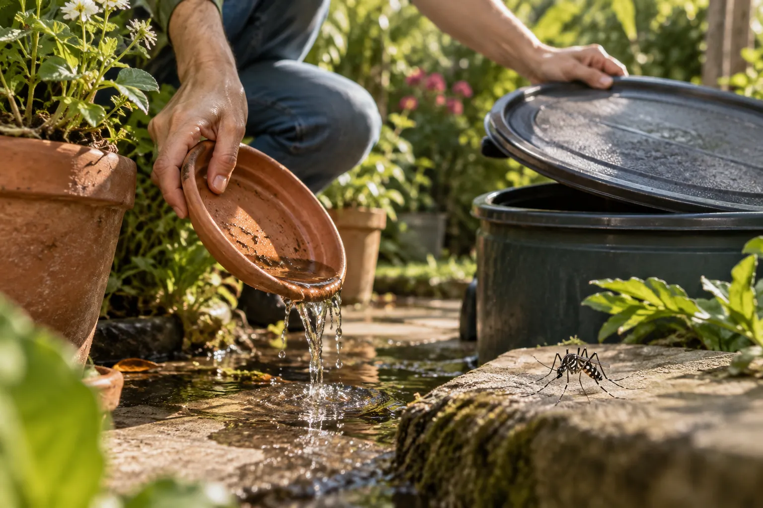 Persona vaciando el plato de una maceta junto a un depósito de agua en el jardín
