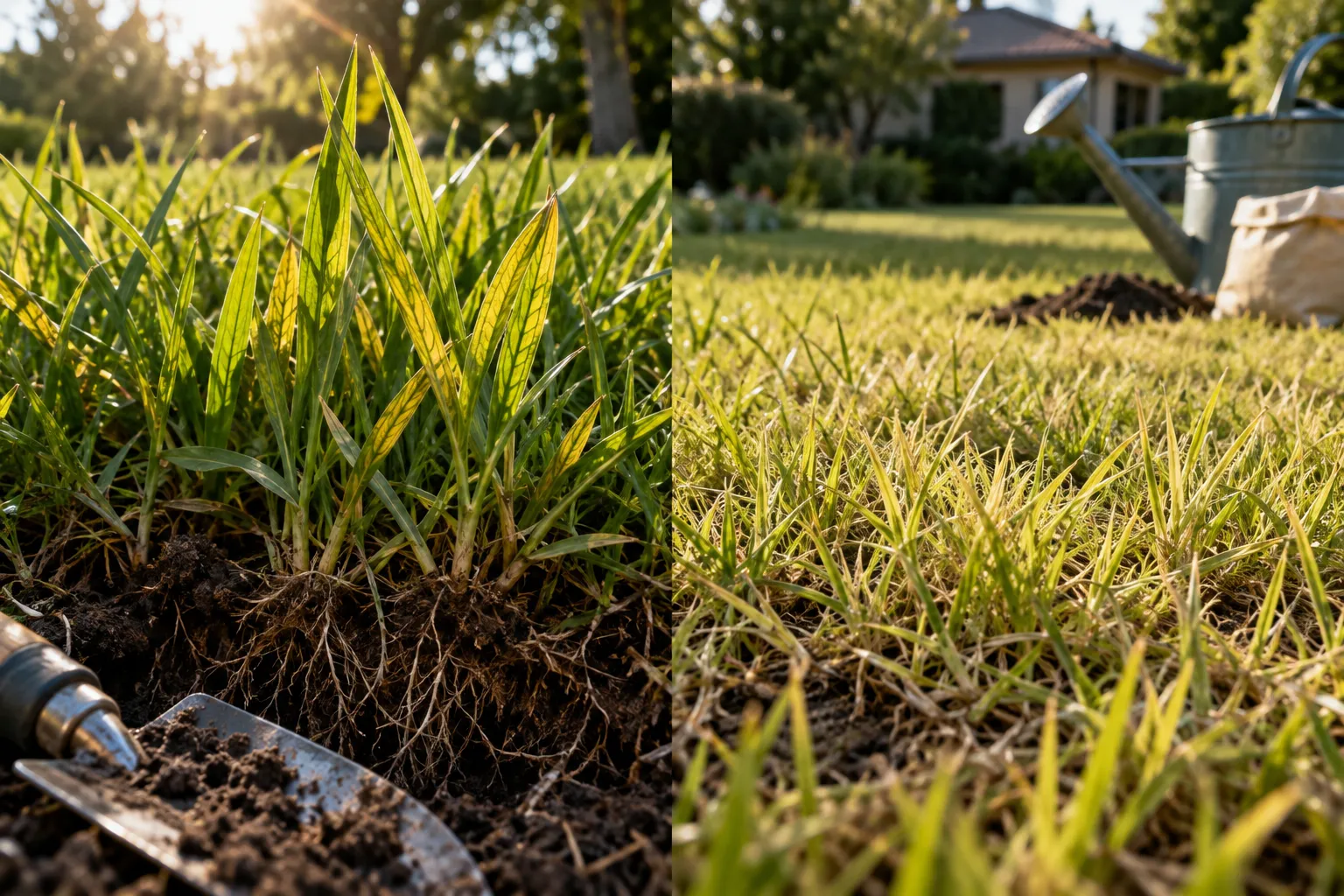 Detalle de hojas de césped amarillentas junto a una zona verde de la pradera