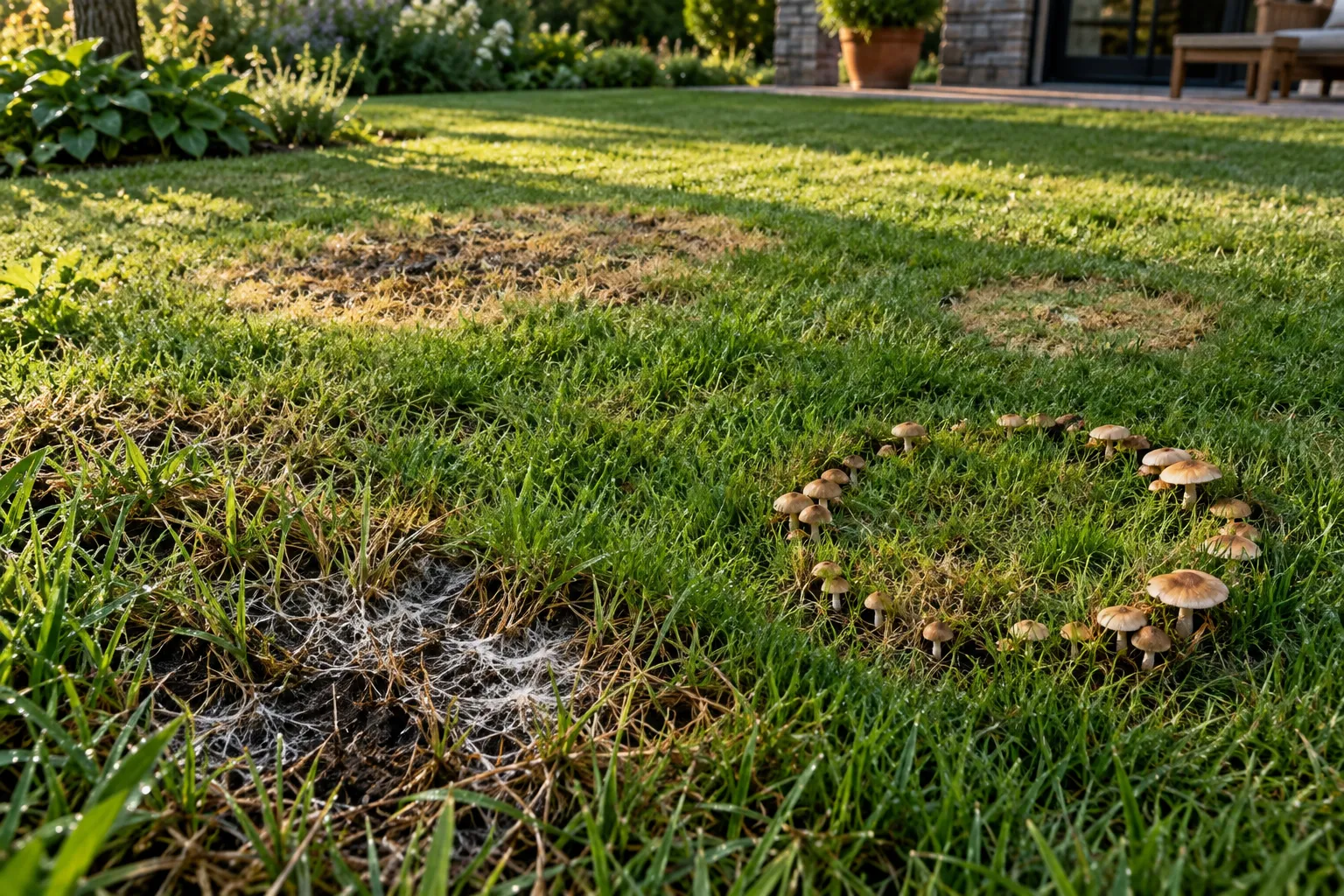Pradera con zonas secas, crecimiento blanco superficial y setas en un círculo