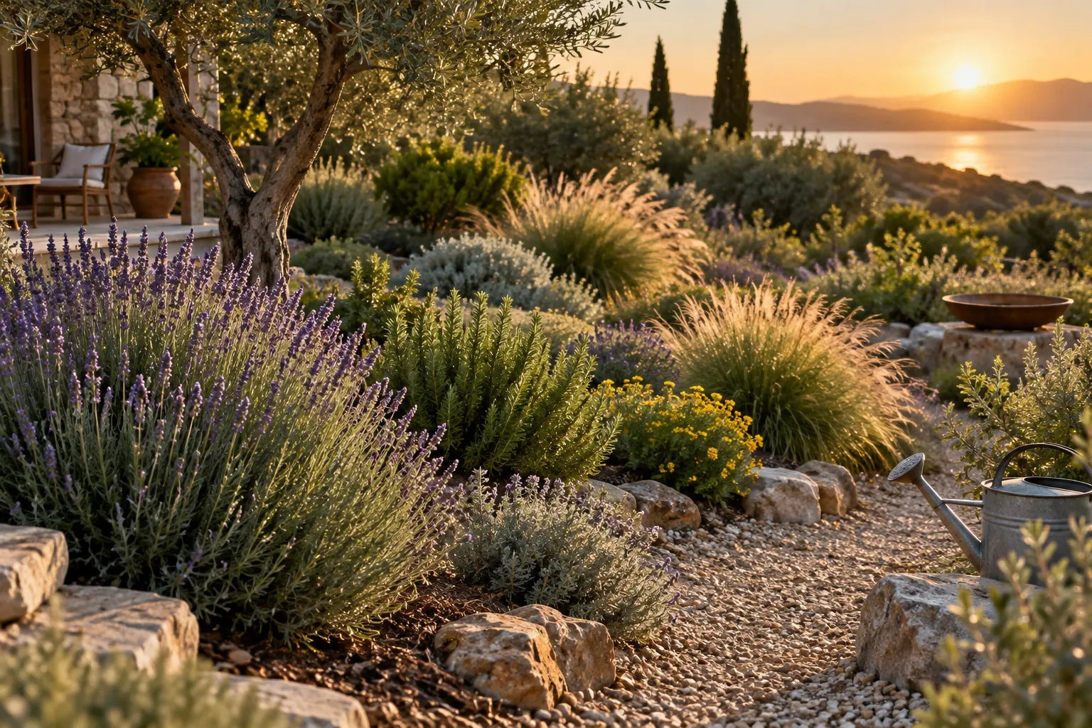Jardín de bajo riego con árboles, arbustos, suelo cubierto y una zona limitada de césped