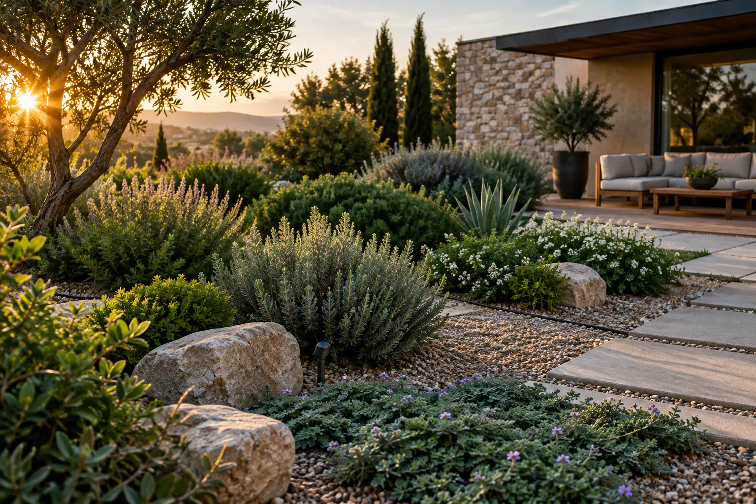 Jardín de bajo mantenimiento con césped sencillo, parterres cubiertos y arbustos de porte natural