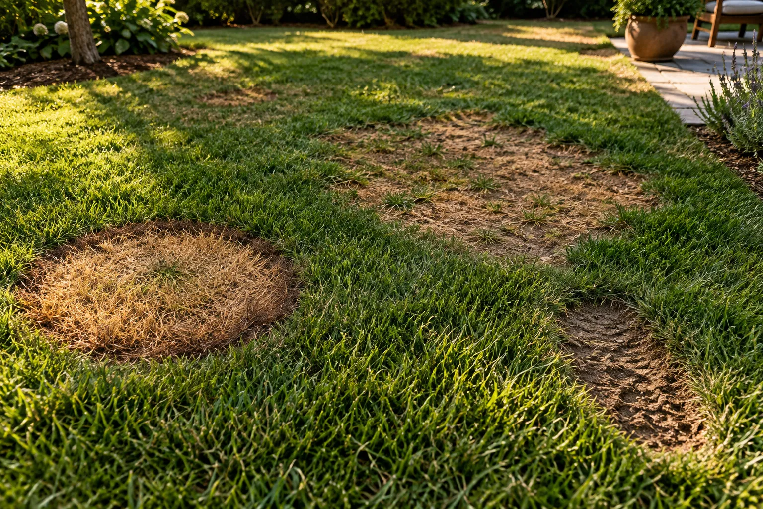 Varias zonas marrones de distinto tamaño en una pradera de jardín