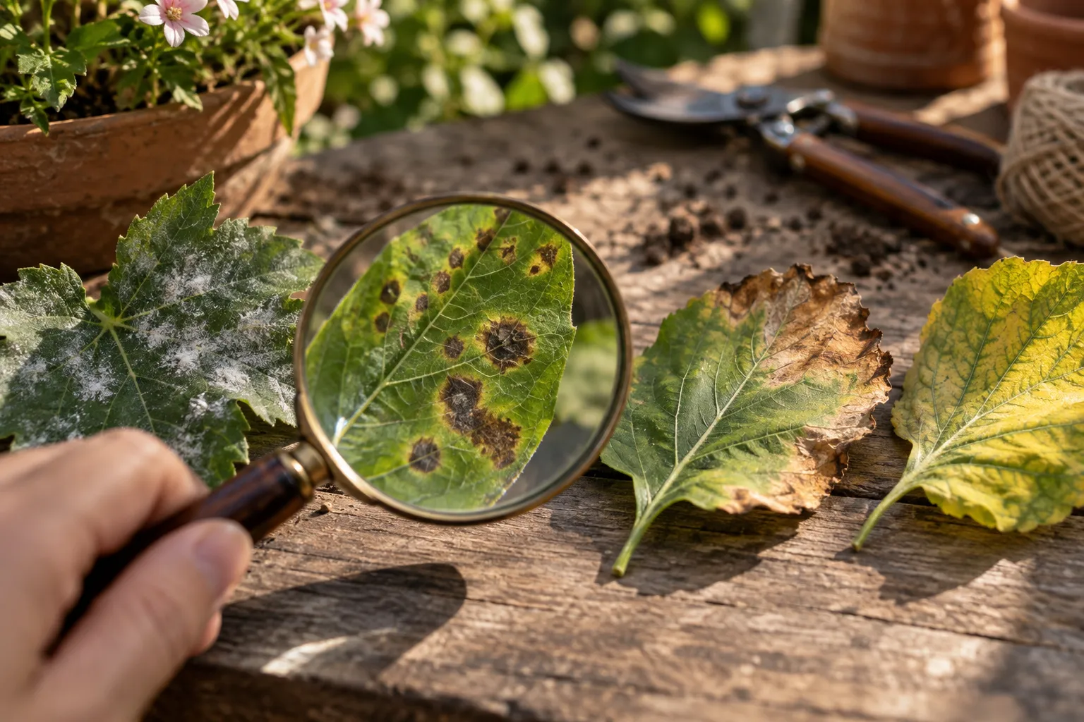 Hojas con distintos tipos de manchas observadas con una lupa sobre una mesa de trabajo
