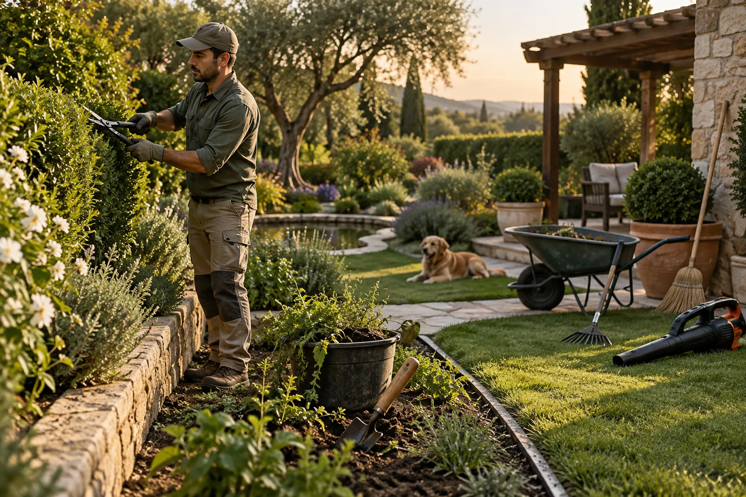 Herramientas preparadas para una jornada de mantenimiento del jardín