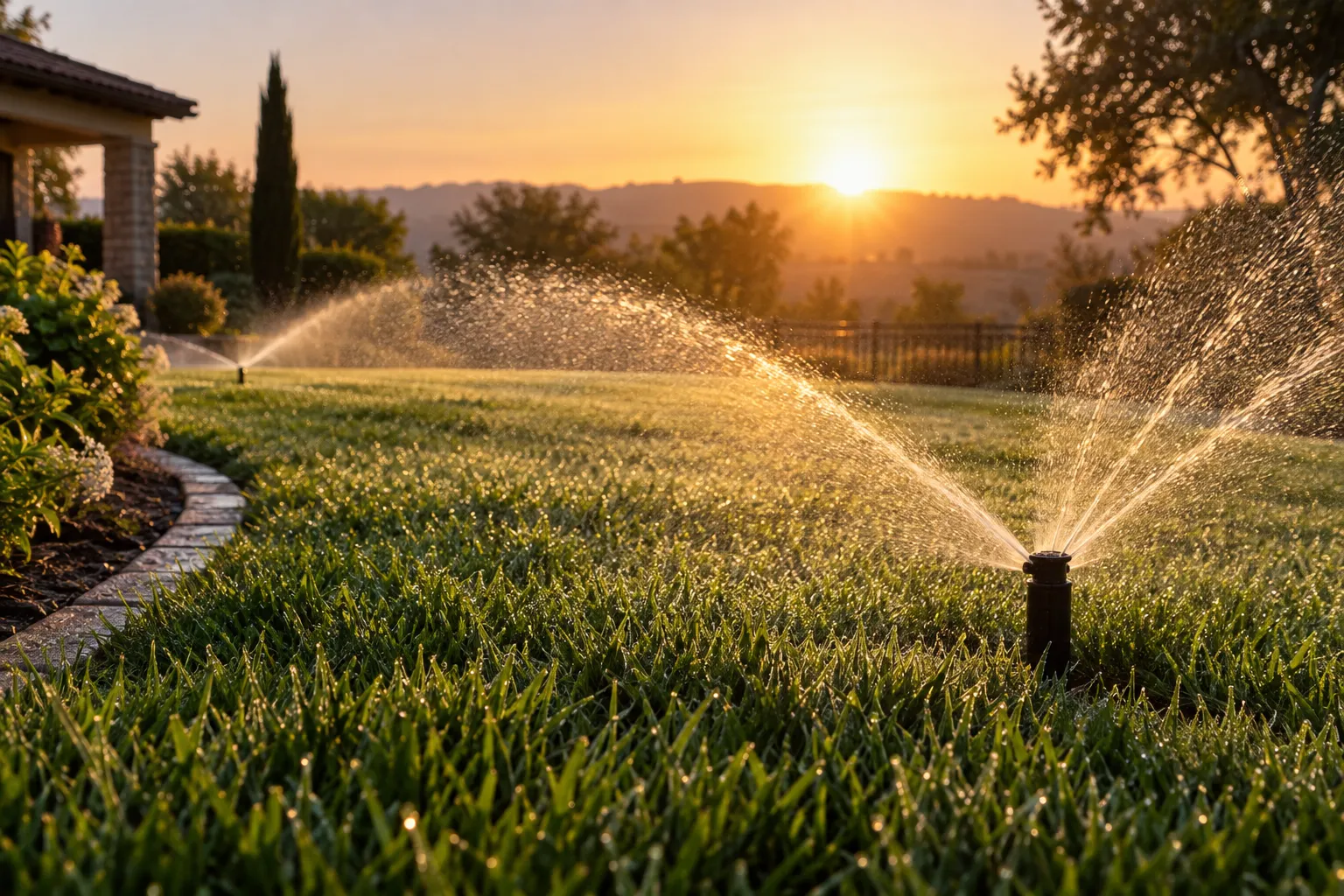Aspersores regando una pradera al atardecer.