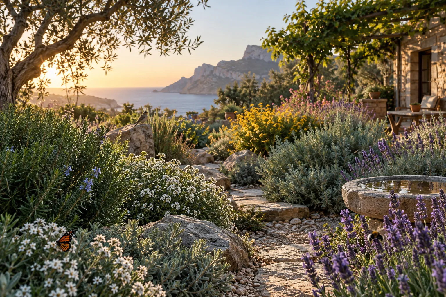 Jardín de aspecto mediterráneo con arbustos aromáticos, flores y un sendero de piedra junto al mar
