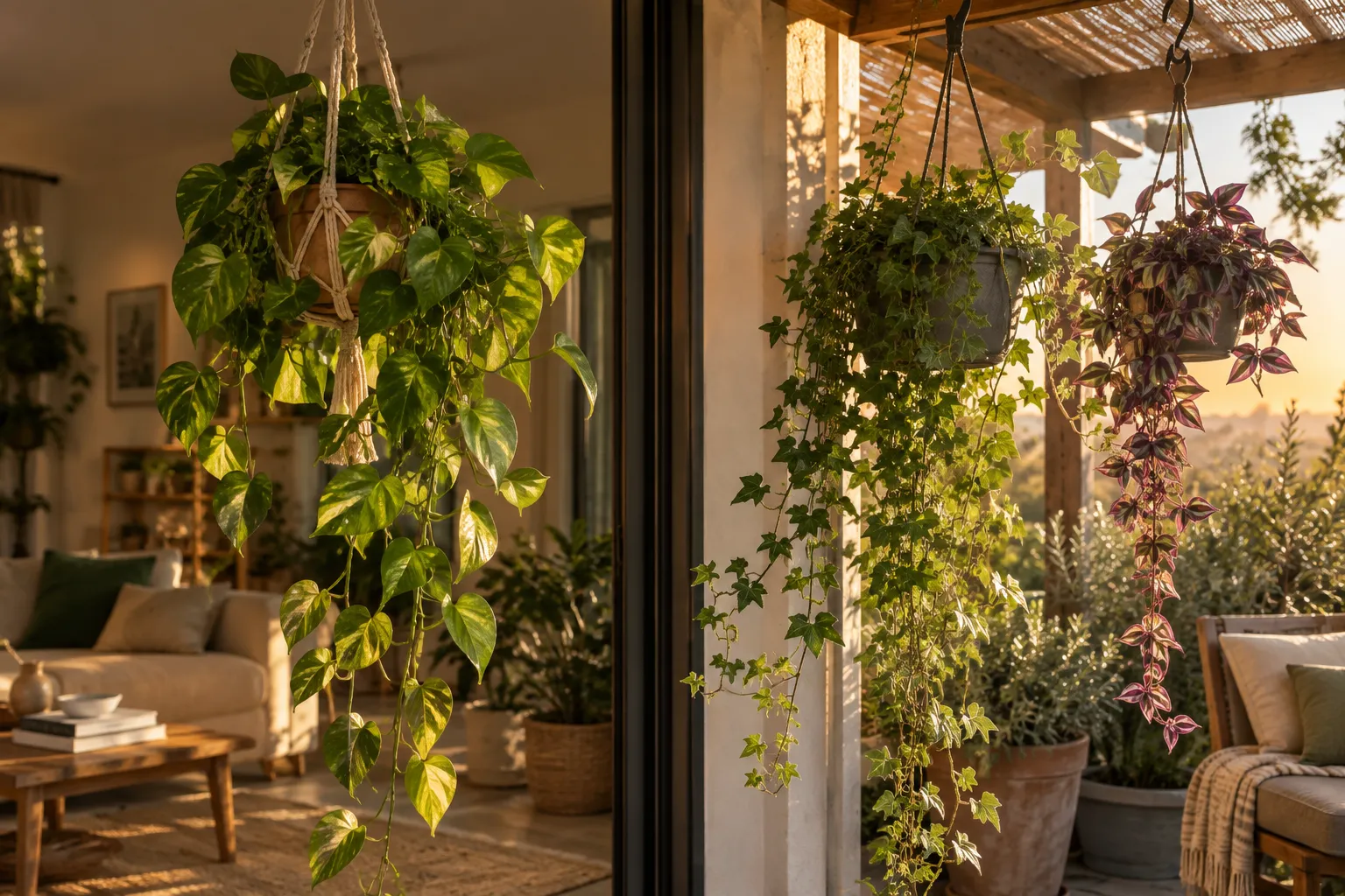Poto colgante en un salón y macetas colgantes con hiedra y tradescantia en una terraza