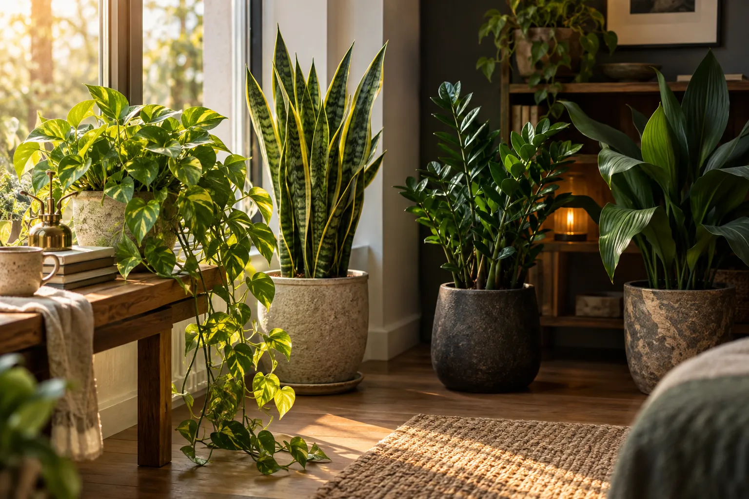Poto, sansevieria y otras plantas de interior colocadas a distintas distancias de una ventana