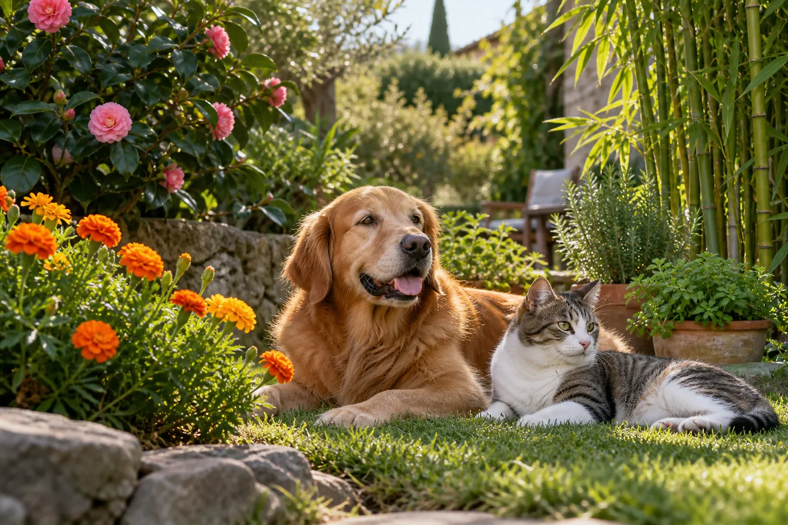 Perro y gato descansan juntos entre plantas y flores en un jardín