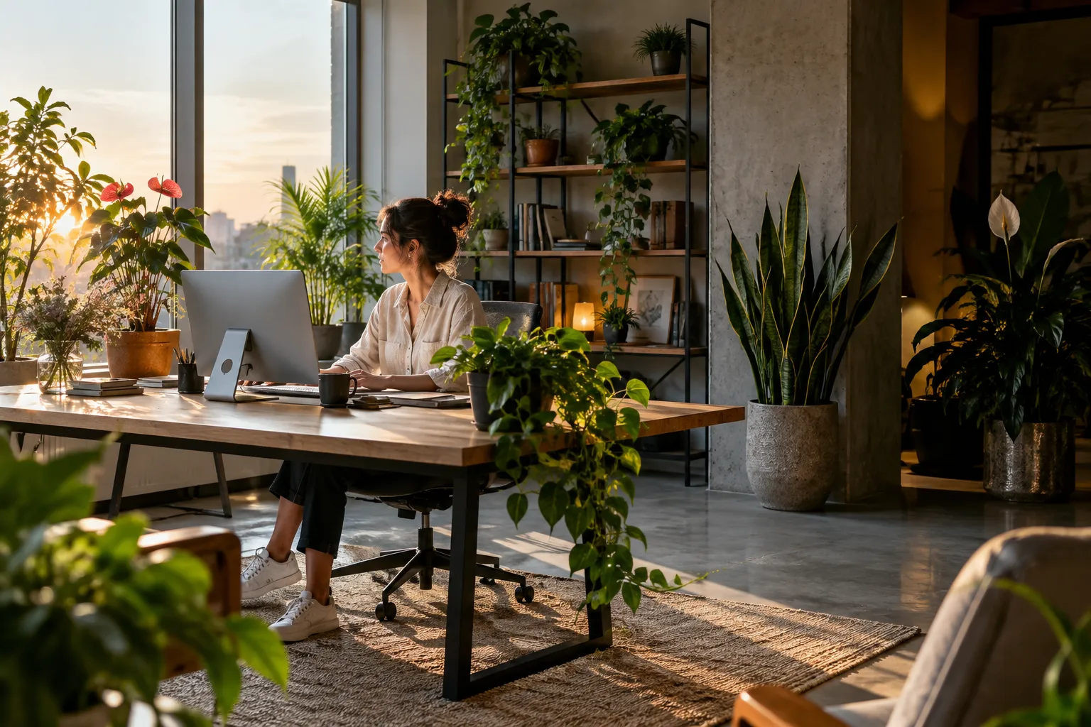 Oficina con plantas de interior distribuidas entre una mesa y zonas próximas a las ventanas