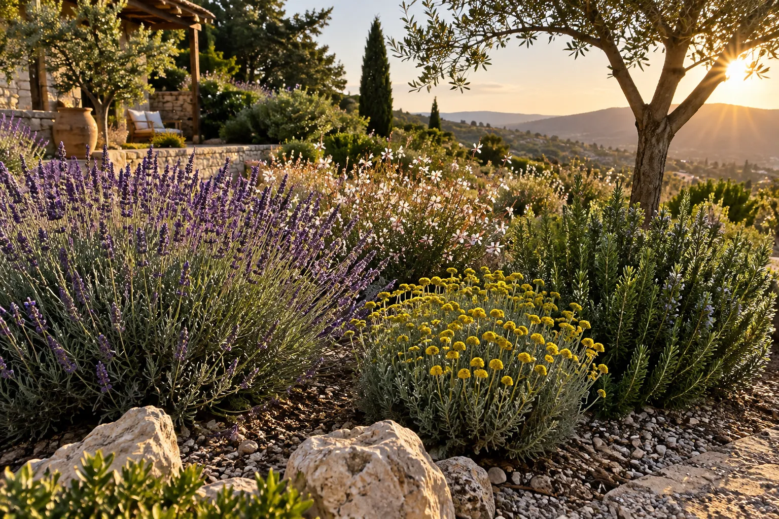 Jardín mediterráneo a pleno sol con matas de flores, aromáticas y piedras