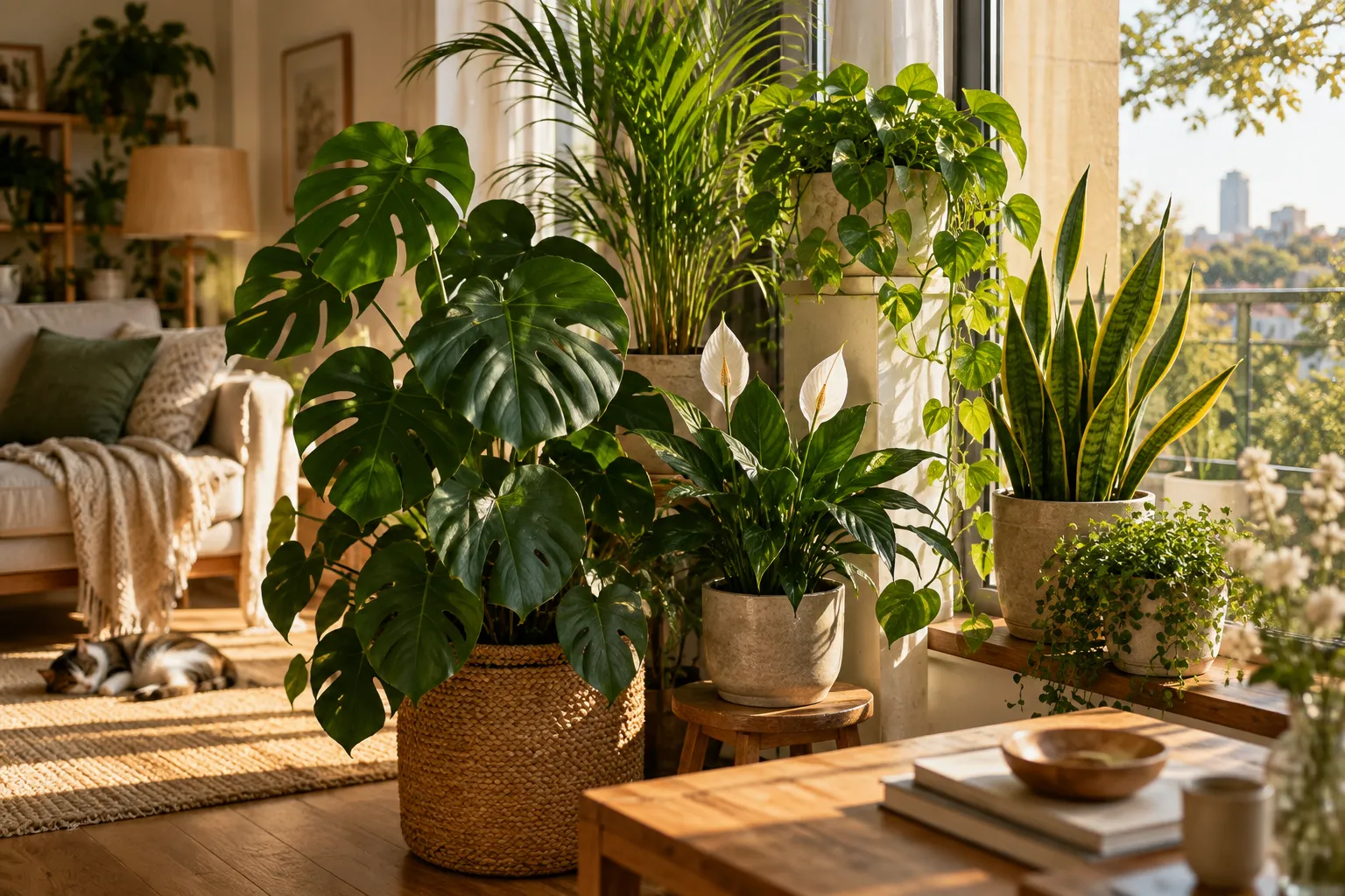 Plantas de interior junto a una ventana en un salón con un gato