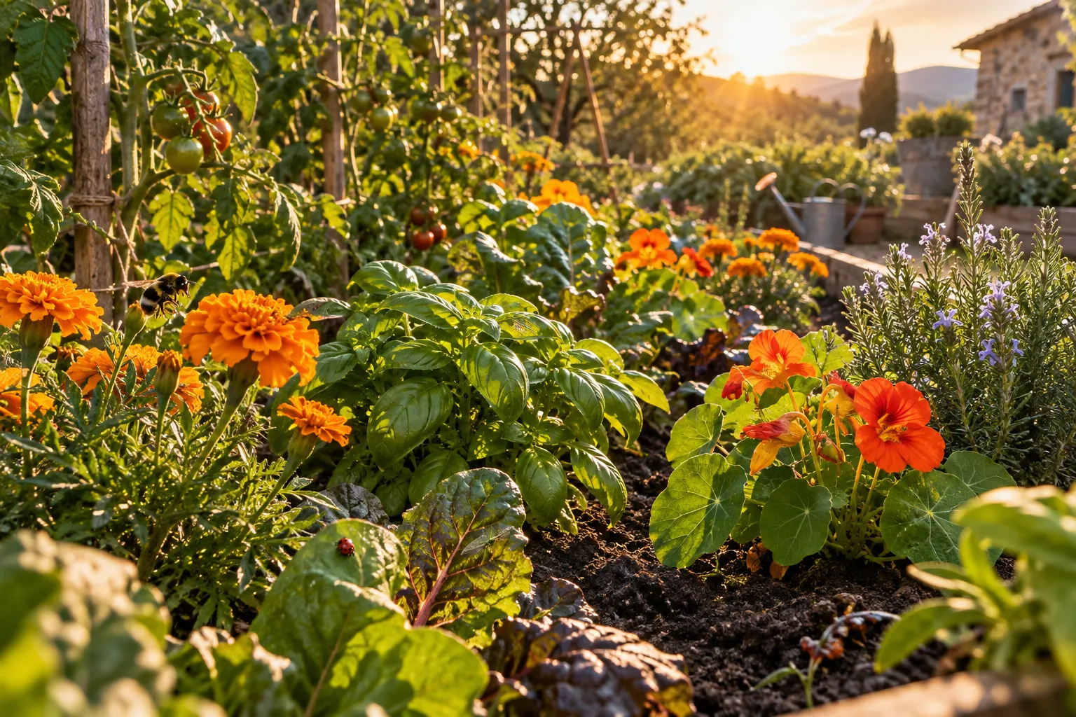 Caléndulas y otras flores creciendo entre las hortalizas de un huerto.